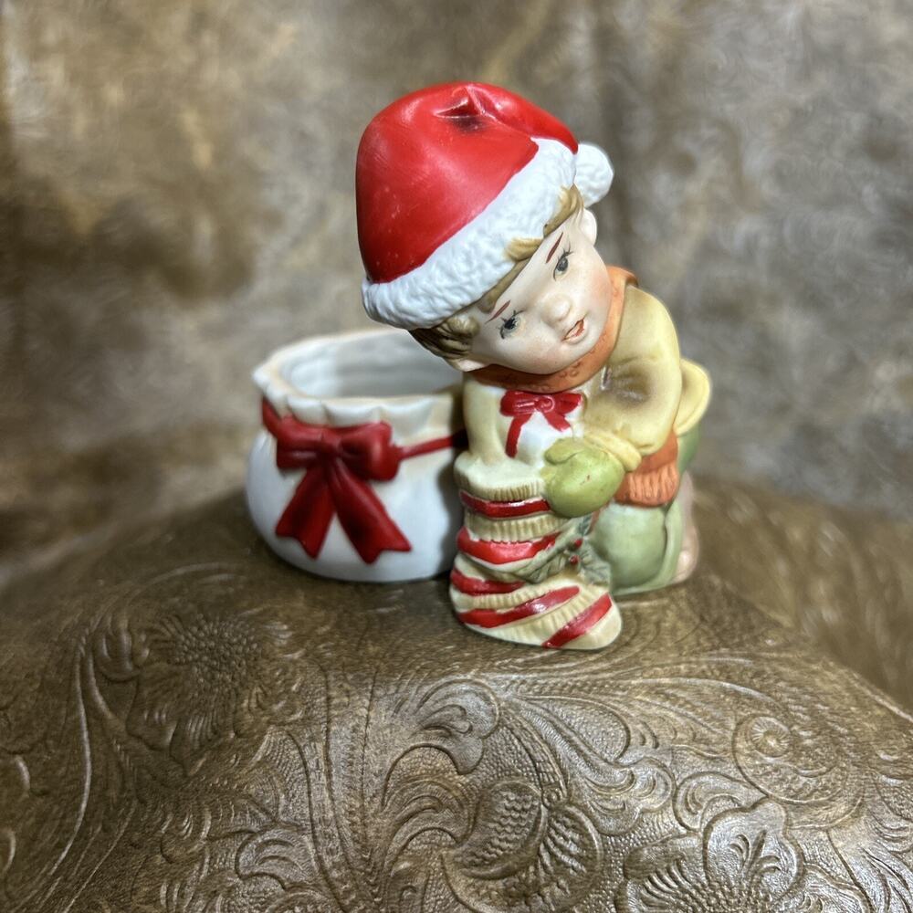 Beacon Hill Christmas Girl Stocking Figurine Bisque Ceramic Decor Candle Holder